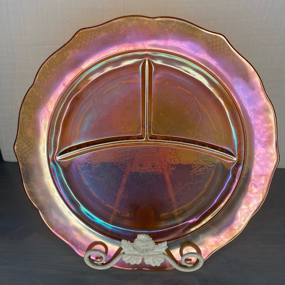 Federal Glass Normandie *Sunburst *Bouquet & Lattice Iridescent 11" Grill Plate